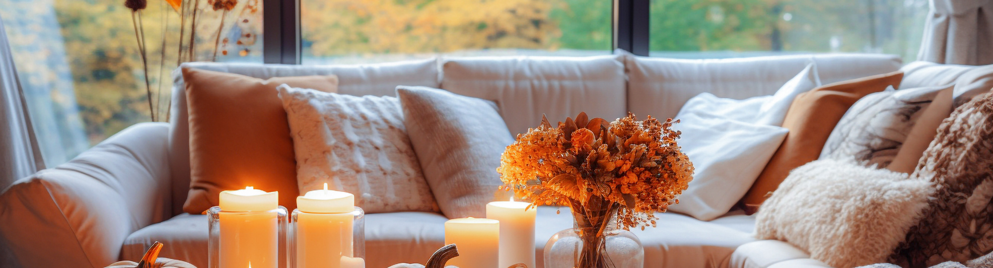 Herbstliche, gemütliche Wohndeko mit Kerzen, Kürbissen und Blumen, stimmungsvolle Atmosphäre.