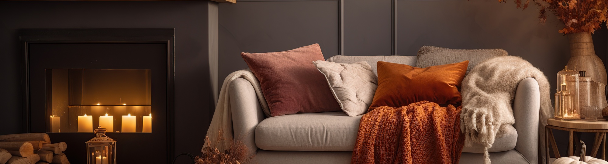 Gemütliches Wohnzimmer im Herbststil mit Kamin, Sofa, Kissen, Decke und Kürbisdekoration
