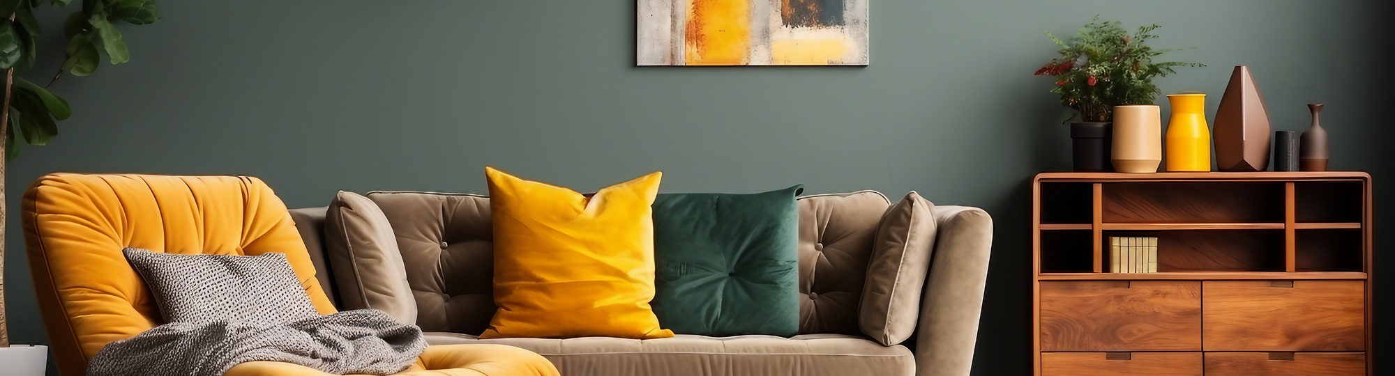 Interior Design mit abstrakter Malerei an der grauen Wand eines Retro-Wohnzimmers, beigem Sofa mit Kissen, vintage dunkelgrünem Sessel und gelbem Pouf mit Buch.
