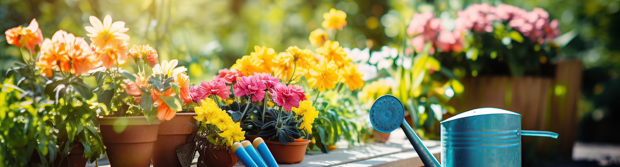 Garten mit Pflanzen und Gießkanne.